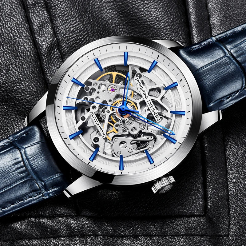 PAGANI DESIGN Új, csontvázszerkezetű férfi mechanikus karórák – csúcsminőségű luxus automata karórák férfiaknak, kék bőr szíjjal, vízálló karóra férfiaknak