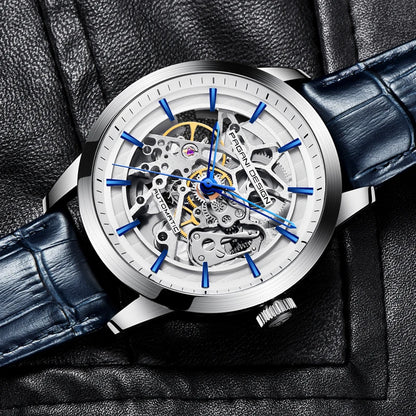 PAGANI DESIGN Új, csontvázszerkezetű férfi mechanikus karórák – csúcsminőségű luxus automata karórák férfiaknak, kék bőr szíjjal, vízálló karóra férfiaknak