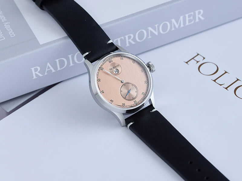 Milifortic Jumping Hour Auto R077 Vintage Small Seconds ST17 Movement Jump Hour Salmon Dial Men Watches