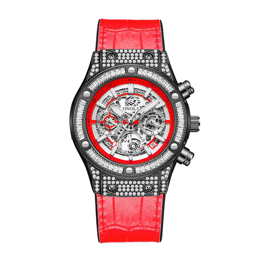ONOLA Luxury Style Diamond Inlaid Men Quartz Watch Leather Strap Calendar Men Watch 30M Waterproof Men Clock