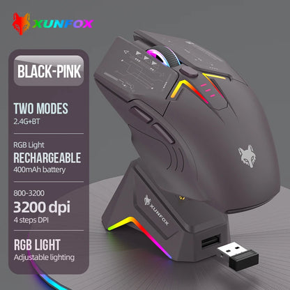 Rato XUNSVFOX H2 sem fios Bluetooth de modo duplo, iluminação RGB, para portátil, gaming e escritório, com carregamento magnético