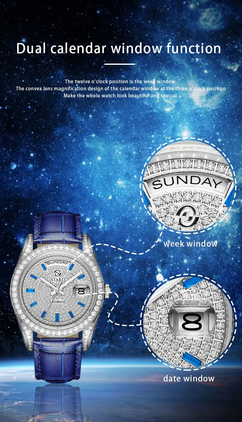 【START】Gypsophila Men's Watch Official Authentic Diamond Watch Waterproof Automatic Mechanical Watch Date Week Function