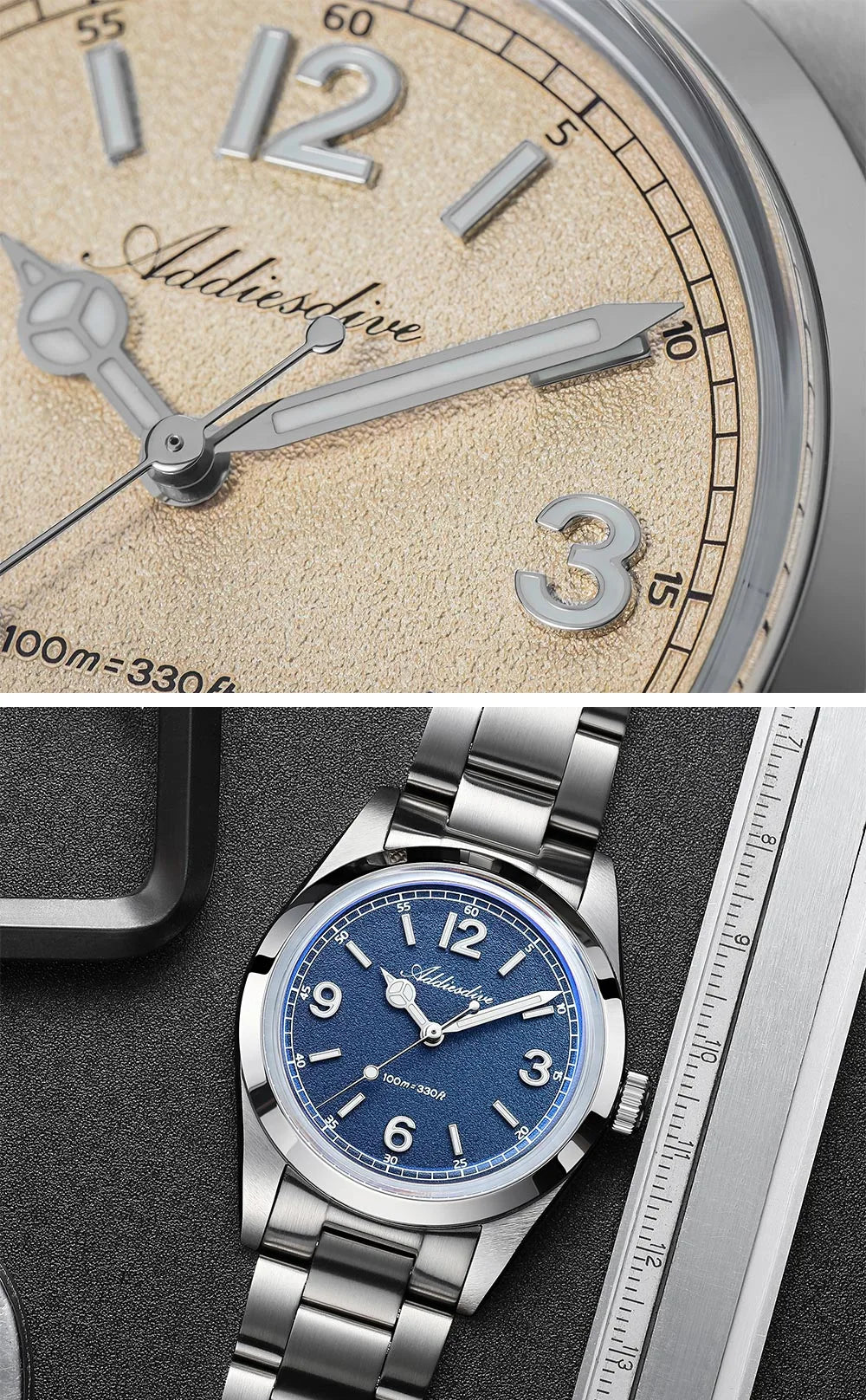 Relógio para homem ADDIESDIVE 36mm em destaque AD2518 com vidro espelhado convexo, aço inoxidável 316L, Reloj Hombre, 100m à prova de água, quartzo