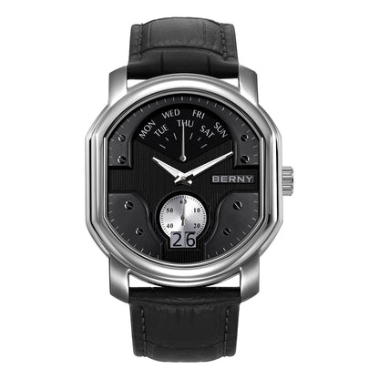 BERNY Tonneau Classic Men's Watch Quartz Luxury Top Watches Ronda 7004N Day Stainless Steel Sapphire Pendulum Dial Watch for Men