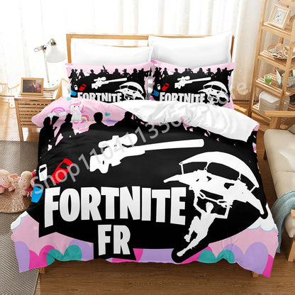 Conjunto de Cama Battle Royale F-Fortnite 3 Peças para Crianças, Capa de Edredão, Colcha e Fronha, Tamanho Duplo, Decoração de Quarto Victory Game