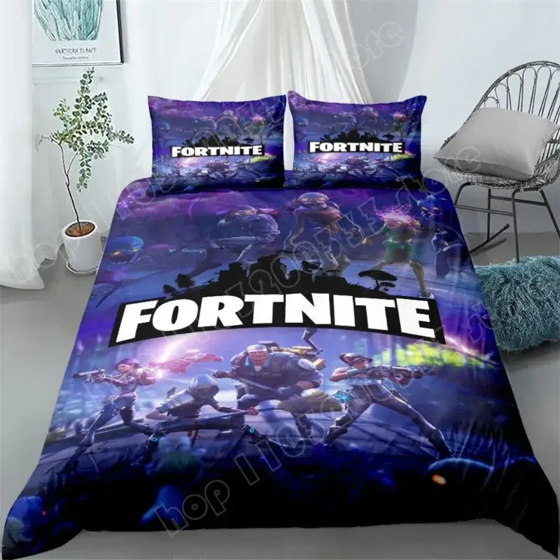 Set de lenjerie de pat Fortnite, 3 piese, imprimare 3D, lenjerii pentru dormitor, joc, desen animat, lenjerie decorativă, husă de pilotă, față de pernă, cadou de ziua de naștere