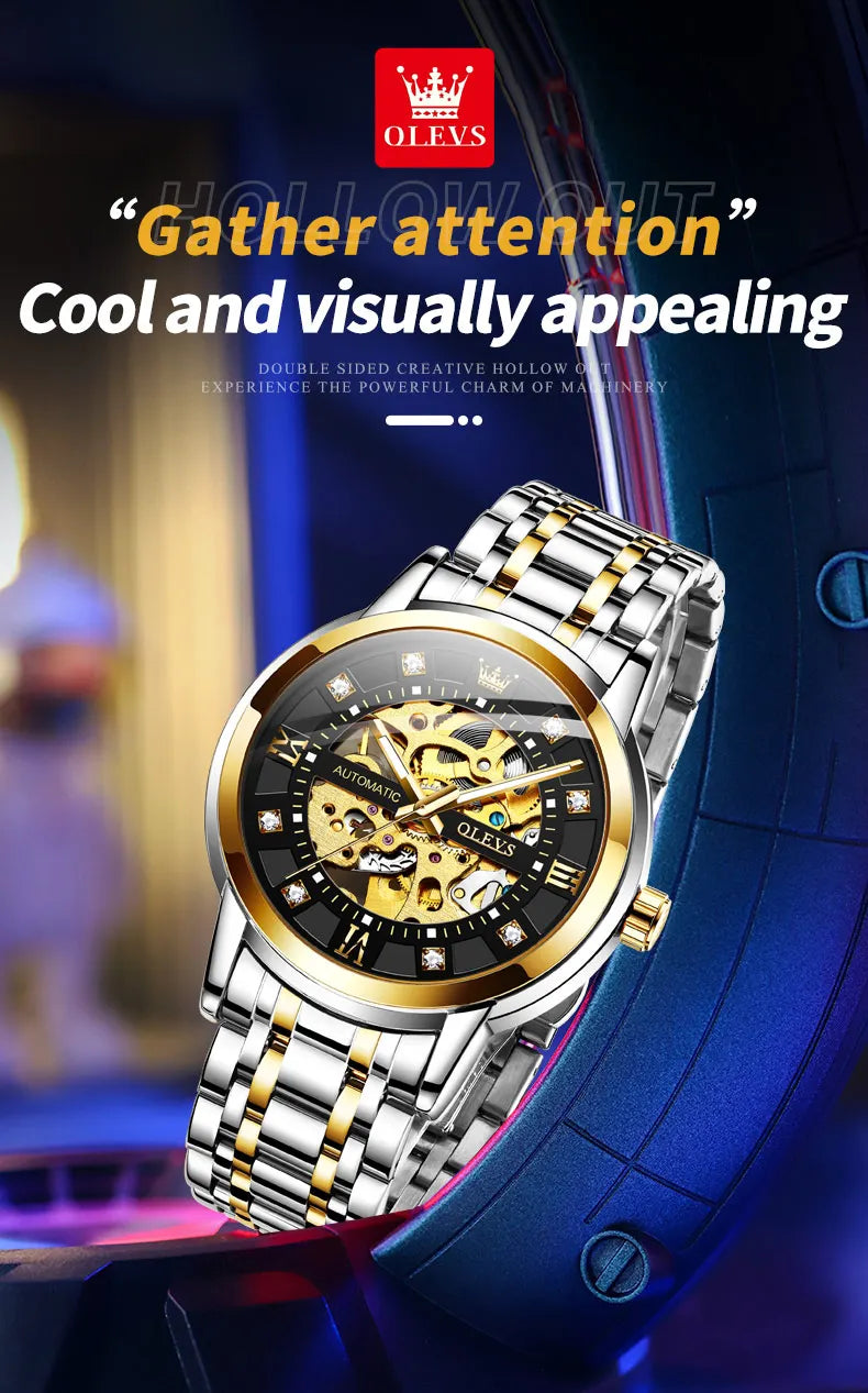 OLEVS 9901 Mens WatchLuxury Hollowing Mechanical Wristwatch Waterproof Luminous Stainless Steel Fashion Automatic Watch For Man