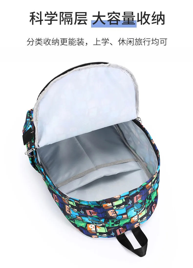 In Stock Minecraft Backpack Graffiti Print Lightweight School Backpack Casual Daily Travel Bag For Male Young Men Outdoor Use