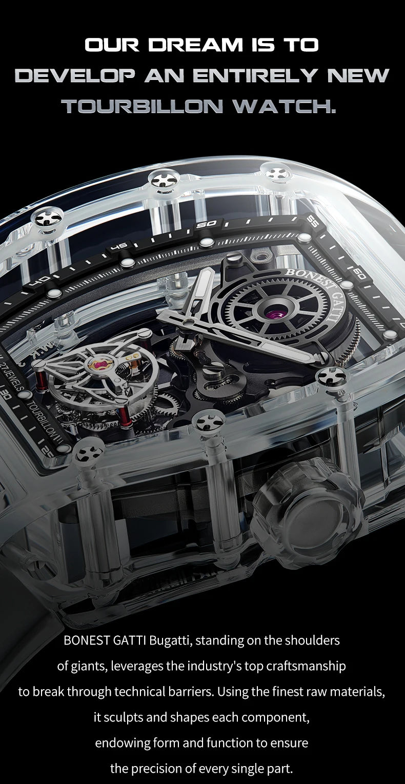 BONEST GATTI Automatic Movement Tourbillon Mechanical Wristwatch Crystal Case Luminous Watch Fluororubber Strap Watches for Men