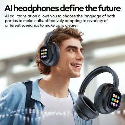 Auscultadores Bluetooth sem fios com ecrã tátil LCD AI – Headset gaming com cancelamento de ruído ANC, graves profundos e microfone HD