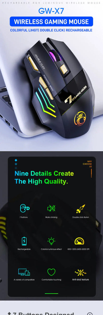 Rato Sem Fios Bluetooth Recarregável para Computador, Rato Gamer Ergonómico com Retroiluminação RGB, Silencioso, para PC