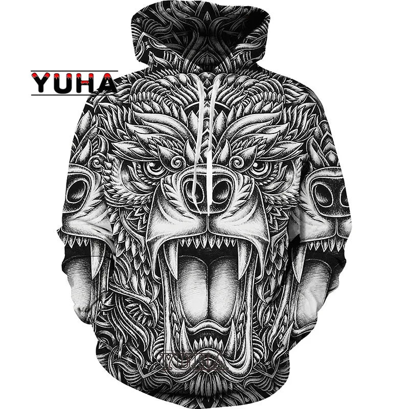Sweatshirt com Capuz Unissexo Wolf com Impressão 3D, Pullover Cool com Gráfico Animal, Streetwear Masculino