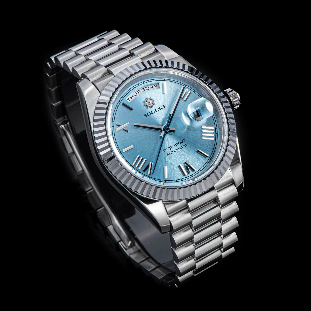 Sugess Watch Mens 40mm Date Day Automatic Dandong Peacock SL3034 Movement Retro Mechanical Wristwatch Sapphire Glass Golden New