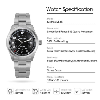 Militado ML08 Quartz Watch Ronda 515 Movement Domed Sapphire Wristwatch BGW9 Luminous 10Bar Waterproof 38mm Vintage Watches