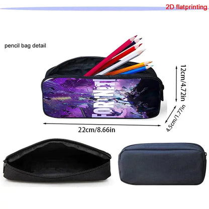 3Pcs FORTNITE Cartoon School Set Lightweight Backpack Front Pocket Lunch & Pencil Case For Kids Age 5-9 Free 3D Printed Keychain