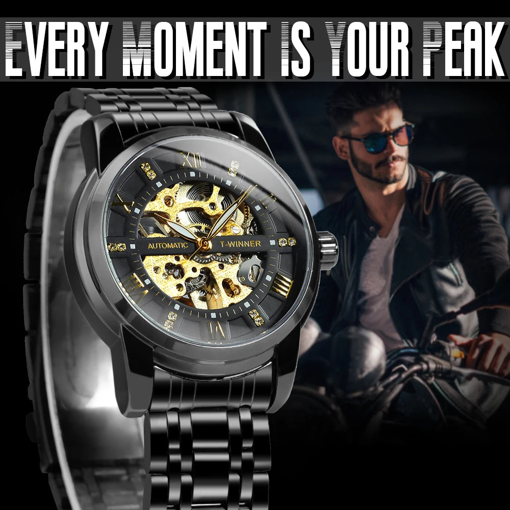WINNER Classic Mechanical Watches Luxury Diamond Dial Black Gold Skeleton Automatic Mens Watch Stainless Steel Strap Wristwatch