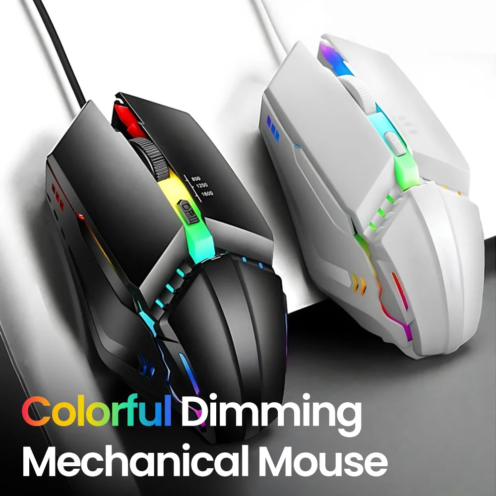 Rato Gaming USB com Fio RGB Retroiluminado e Botão Silenciar, para PC de Secretária, Portátil, Computador, Casa e Escritório, LED Luminoso, 1600DPI