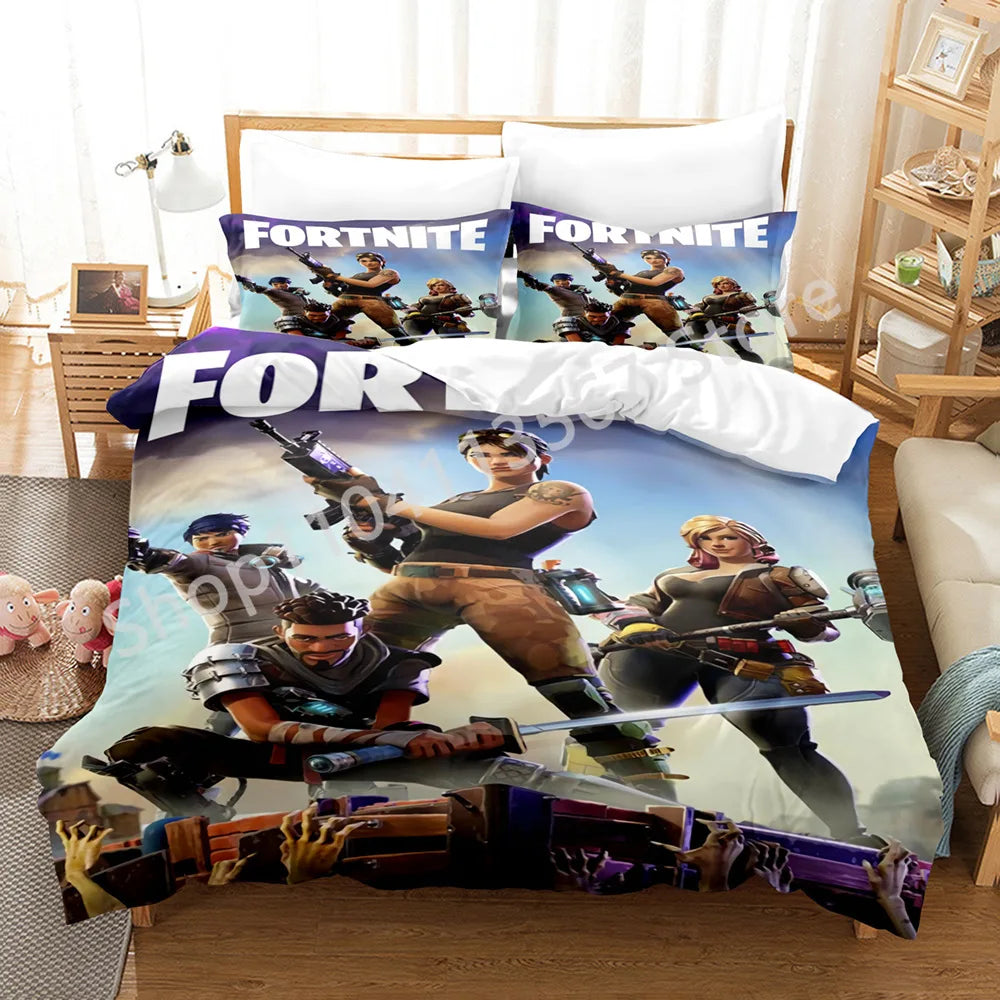Conjunto de Cama Battle Royale F-Fortnite 3 Peças para Crianças, Capa de Edredão, Colcha e Fronha, Tamanho Duplo, Decoração de Quarto Victory Game