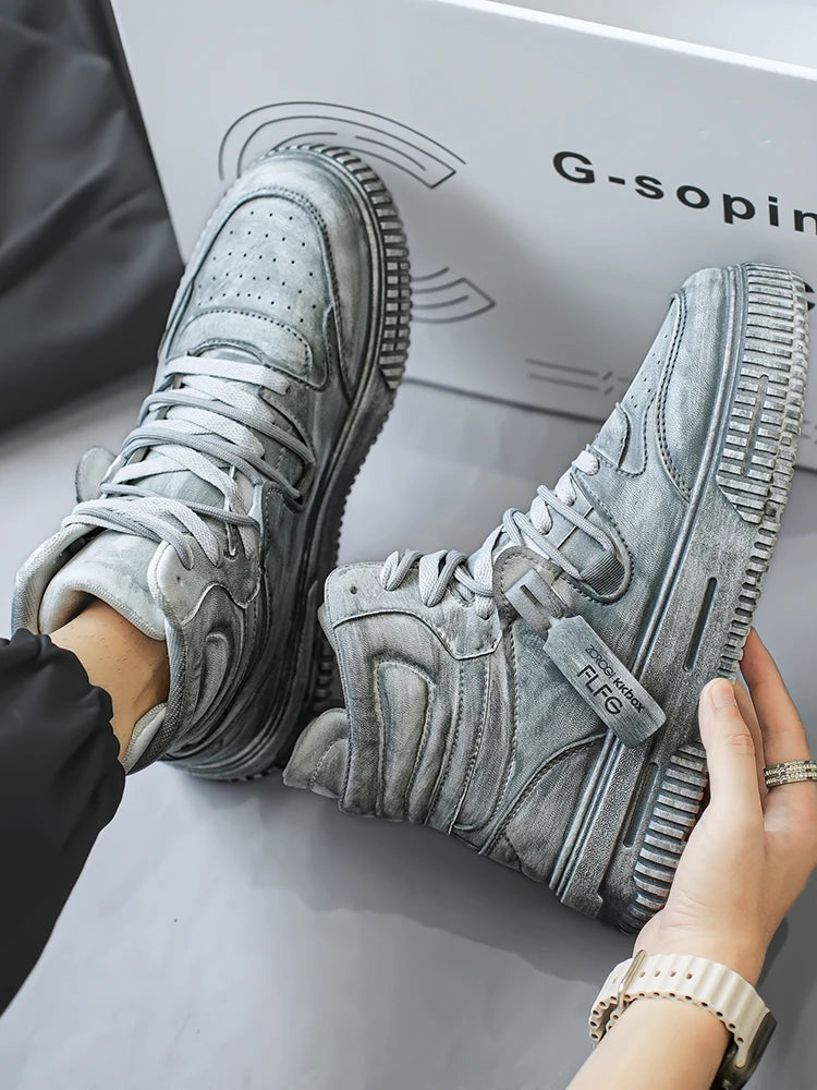 Autumn and winter high top men's shoes fashion trend retro gray children's and young men's parent-child shoes work sports and le