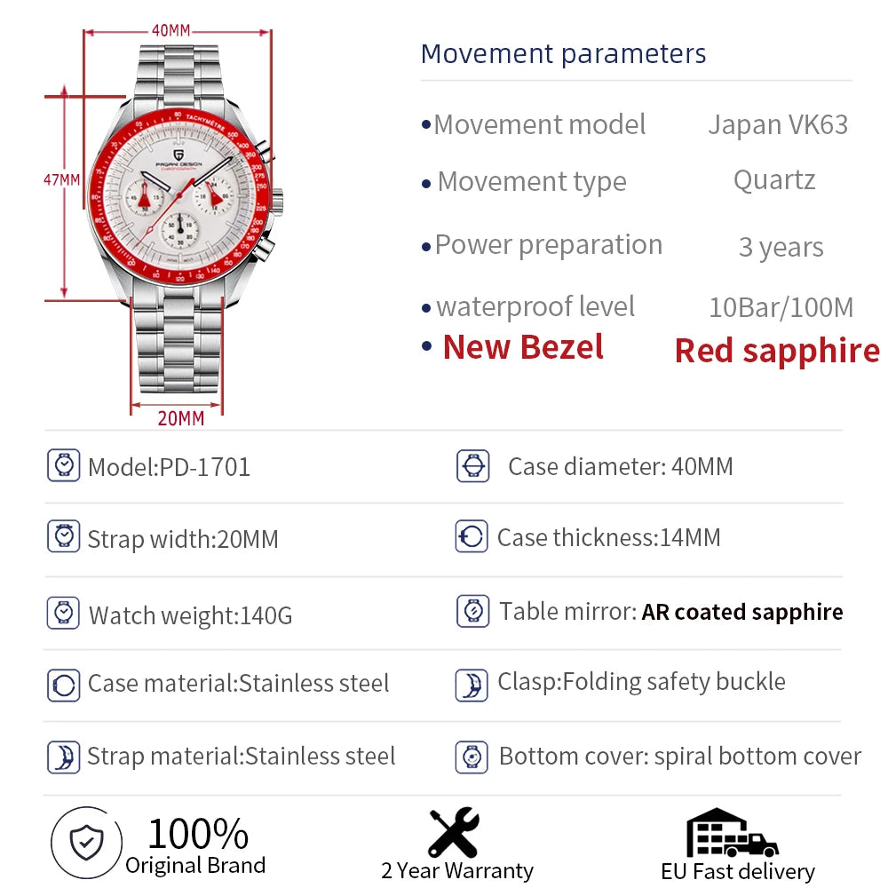 Relógio masculino PAGANI DESIGN Série Planetary Saturn Light Tan Quartz Speed Chronograph com cristal de safira AR — Novo 2026