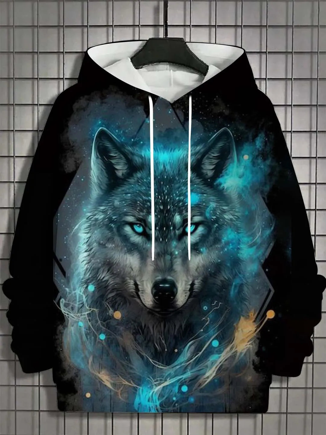 Camisola desportiva com capuz para homem, moda outono 2025, macia e confortável, com estampado de lobo, para exterior e estilo urbano