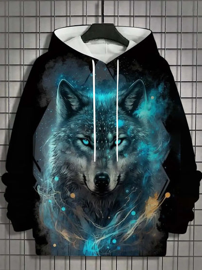 Camisola desportiva com capuz para homem, moda outono 2025, macia e confortável, com estampado de lobo, para exterior e estilo urbano