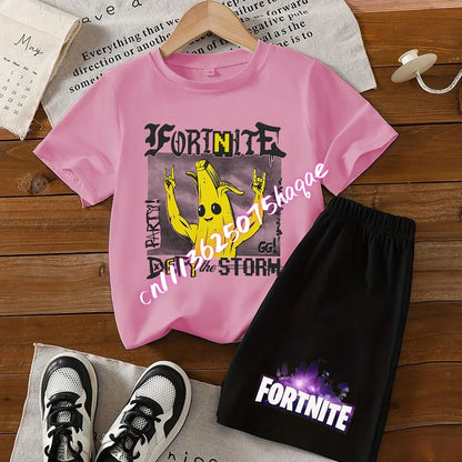 Conjunto de T-shirt e calções Fortnite Series para criança, top e calças inspirados em jogo popular, outfit de verão para casa, confortável e adorável, presente de aniversário