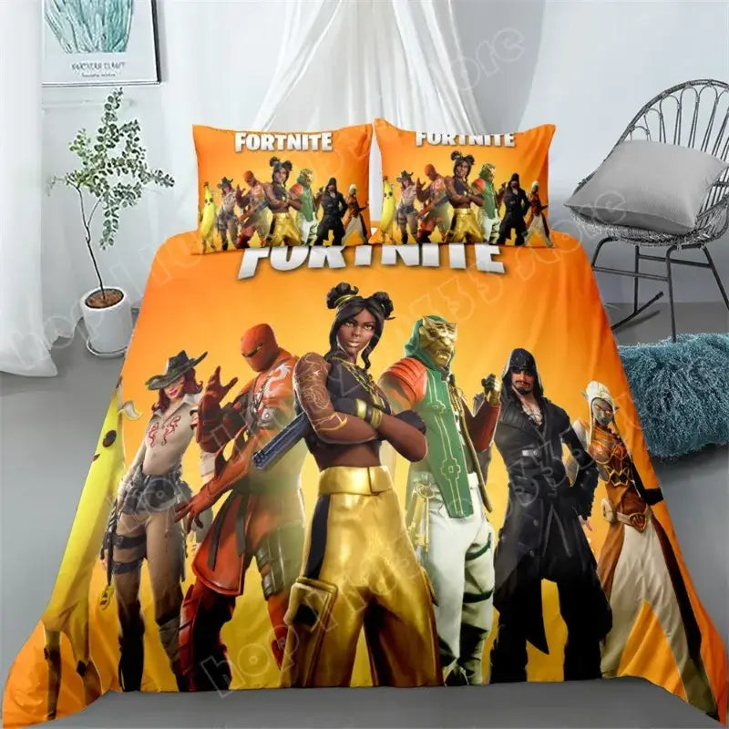 Set de lenjerie de pat Fortnite, 3 piese, imprimare 3D, lenjerii pentru dormitor, joc, desen animat, lenjerie decorativă, husă de pilotă, față de pernă, cadou de ziua de naștere