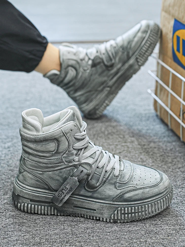 Autumn and winter high top men's shoes fashion trend retro gray children's and young men's parent-child shoes work sports and le