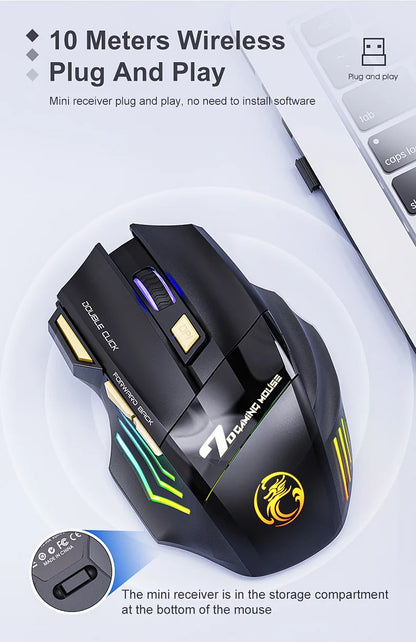 Rato Gaming Sem Fios USB IMICE GW-X7 3200DPI Modo Duplo Recarregável 7 Teclas 2.4Ghz Rato Silencioso Bluetooth LED Respirante de 7 Cores