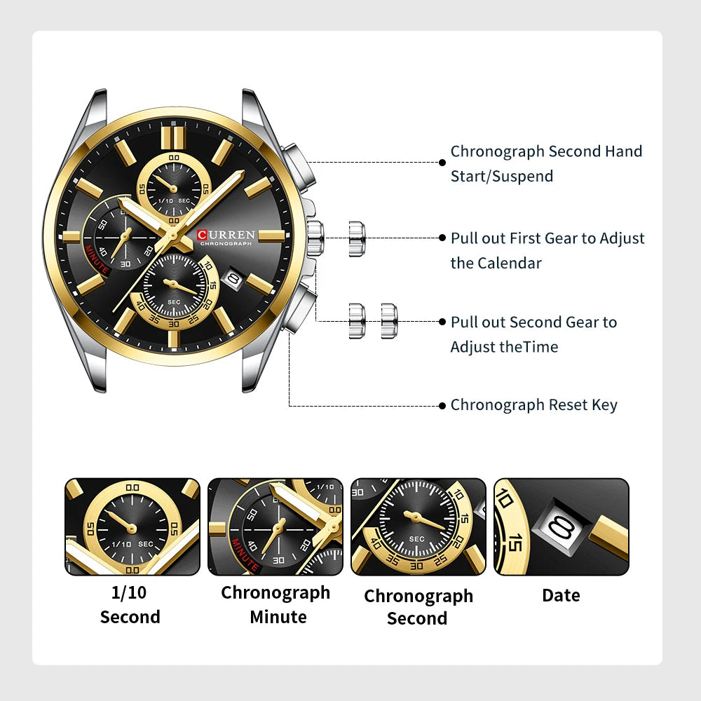 CURREN Men's Stainless Steel Chronograph Watches with Luminous Hands,Triple Sub-Dials Auto Date Fashion Design Quartz Wristwatch