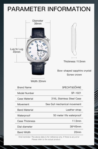 New 2026 Specht & Söhne 1921 Men's Automatic Mechanical Wristwatch Rose Gold Sapphire Crystal Genuine Leather Relogio Masculino