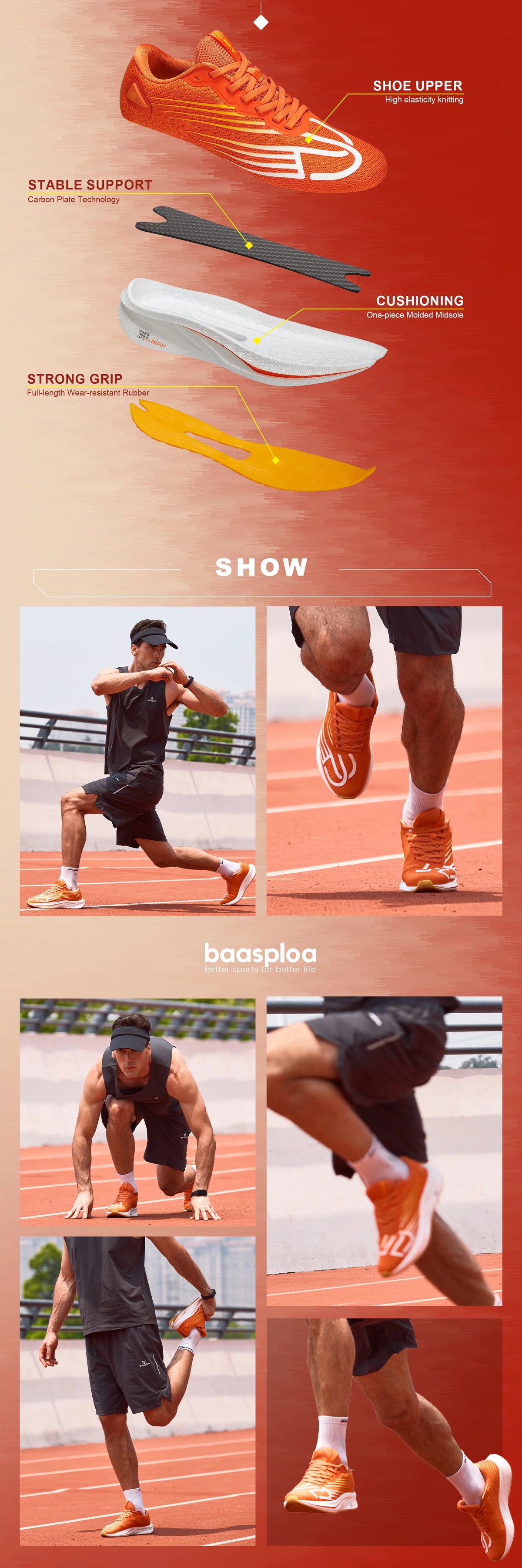 Zapatillas profesionales de running Baasploa para hombre, ligeras y transpirables, zapatillas deportivas de jogging para mujer con placa de carbono y suela antideslizante