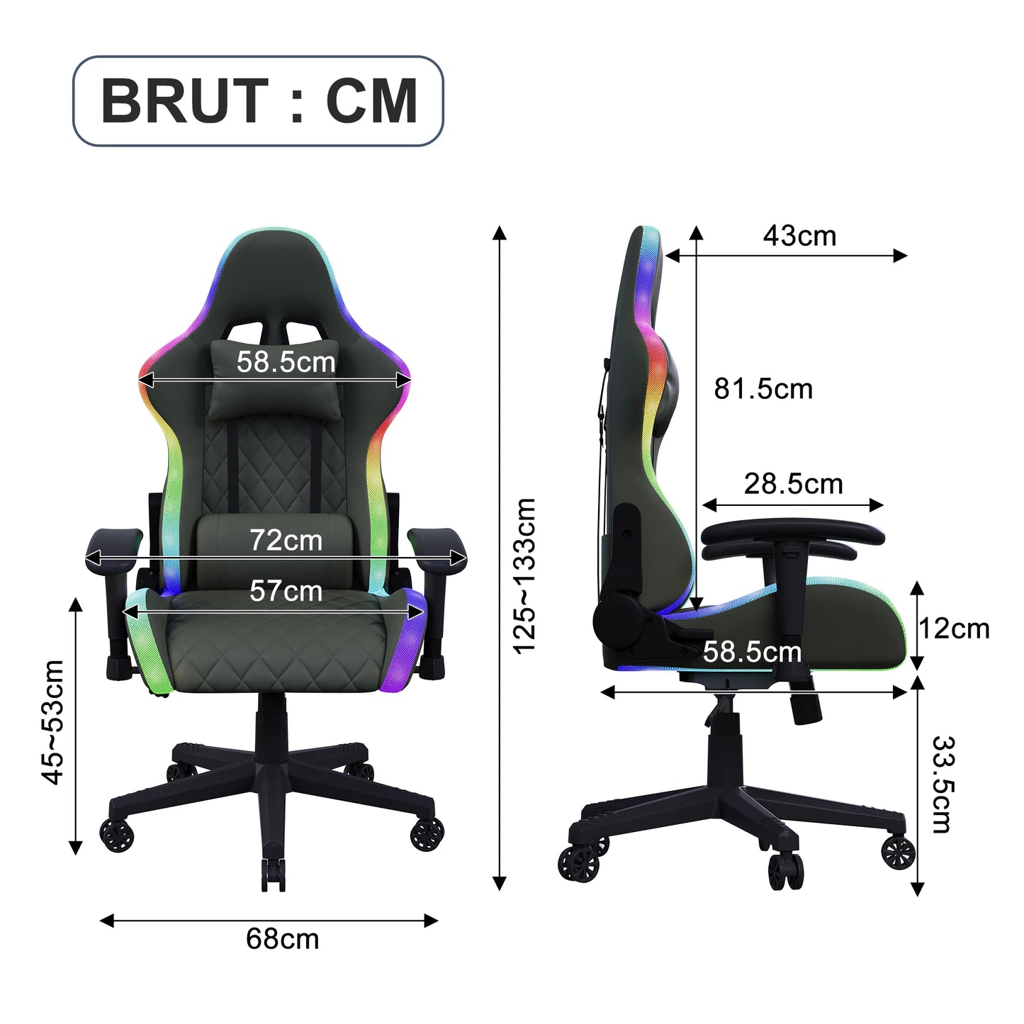 Ergonomic Office Chair with Lumbar Massage, LED RGB Ambient Lighting, and Reclining Backrest, for Home Offices