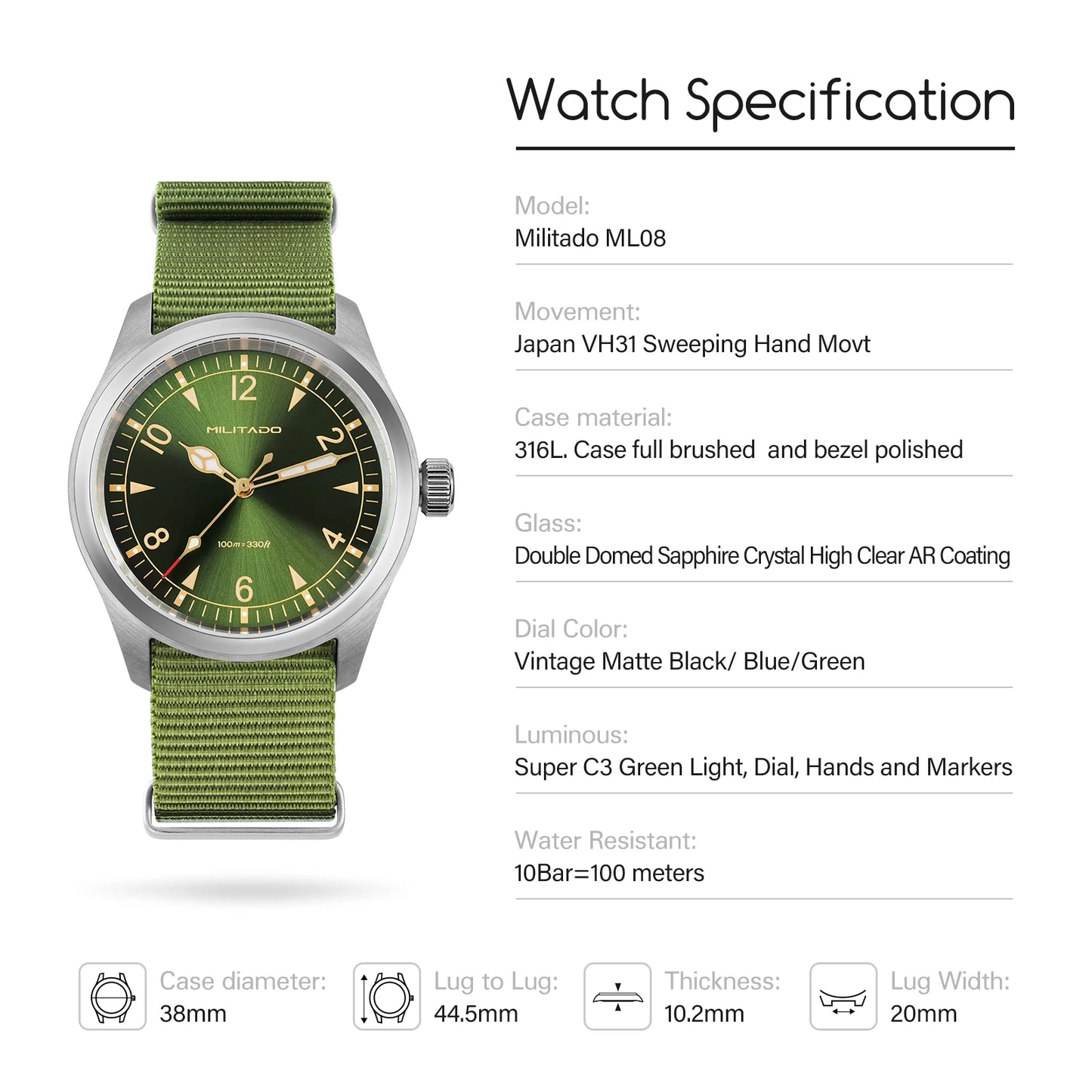 Militado ML08 Vintage Black Watch VH31 Sweep Quartz Wristwatch Ar Sapphire Crystal Luminous C3 BGW9 100 Waterproof Watches Man