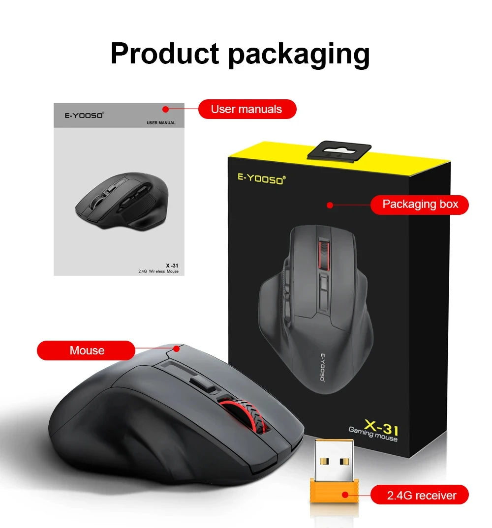 Rato sem fios E-YOOSO 2.4G PAW3212 4800 DPI, rato ergonómico para gaming e escritório, para notebook, PC, portátil e MacBook
