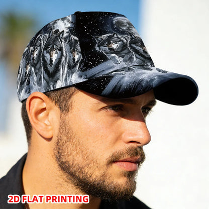 Classic Baseball Cap Featuring a 2D Flat Print of Wolves Under a Full Moon a Lightweight Adjustable Duckbill Hat