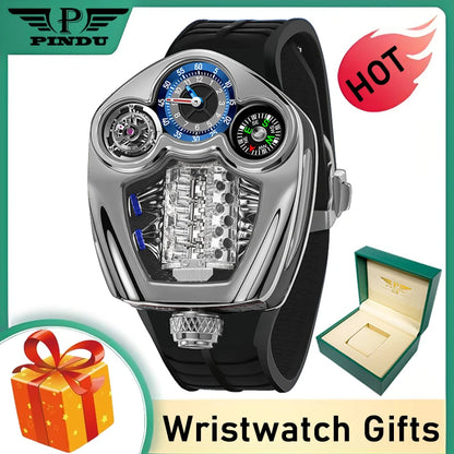 PINDU Design Engine Watches Men Top Brand Luxury Watch Compass Waterproof Quartz Wristwatch Festival Limited Watch + Gift Box