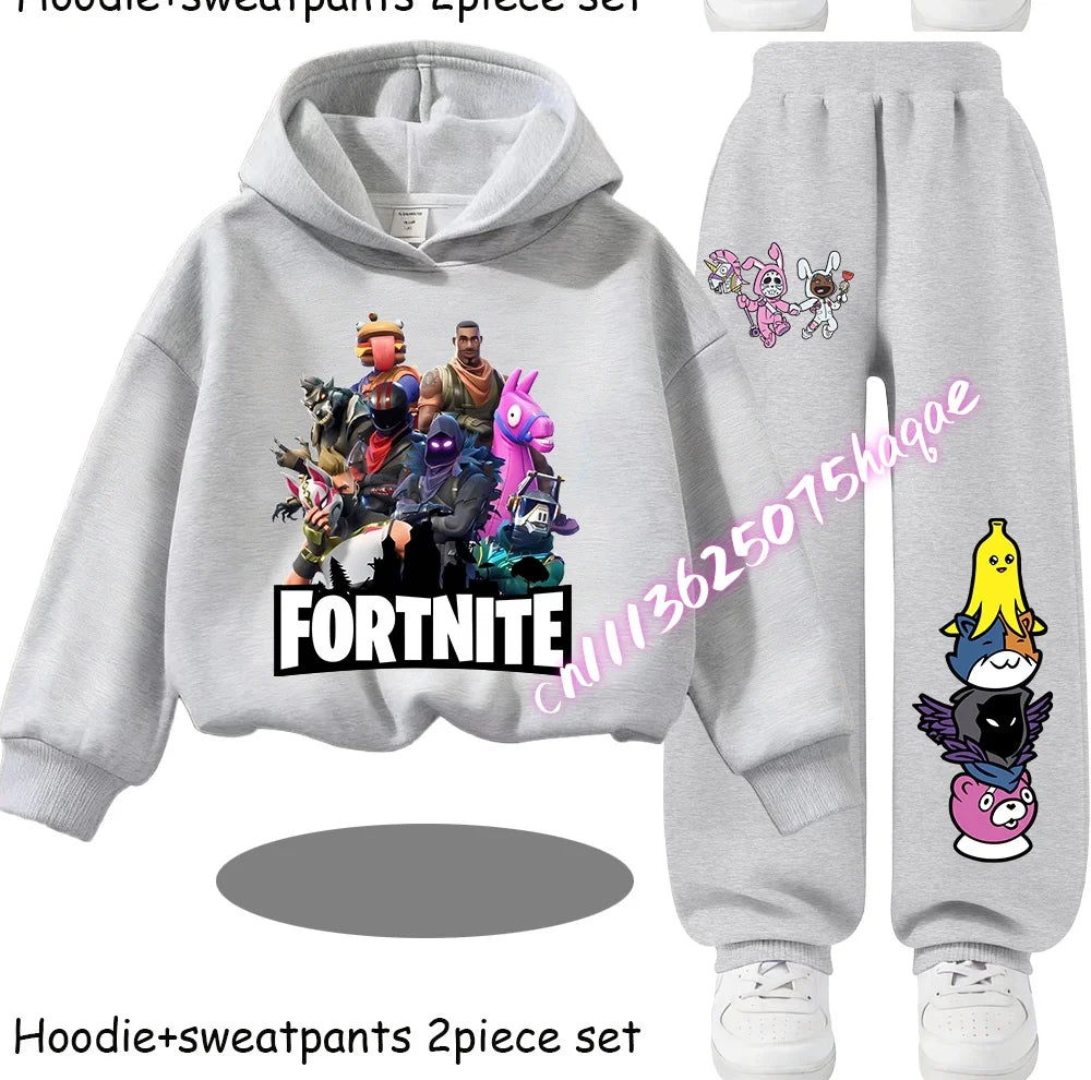Sweats com Capuz Infantis Estampadas Fortnite, Conjunto Cartoon Confortável de 2 Peças, Tops Largos de Manga Comprida com Calças, Roupa de Outono/Inverno, Presente