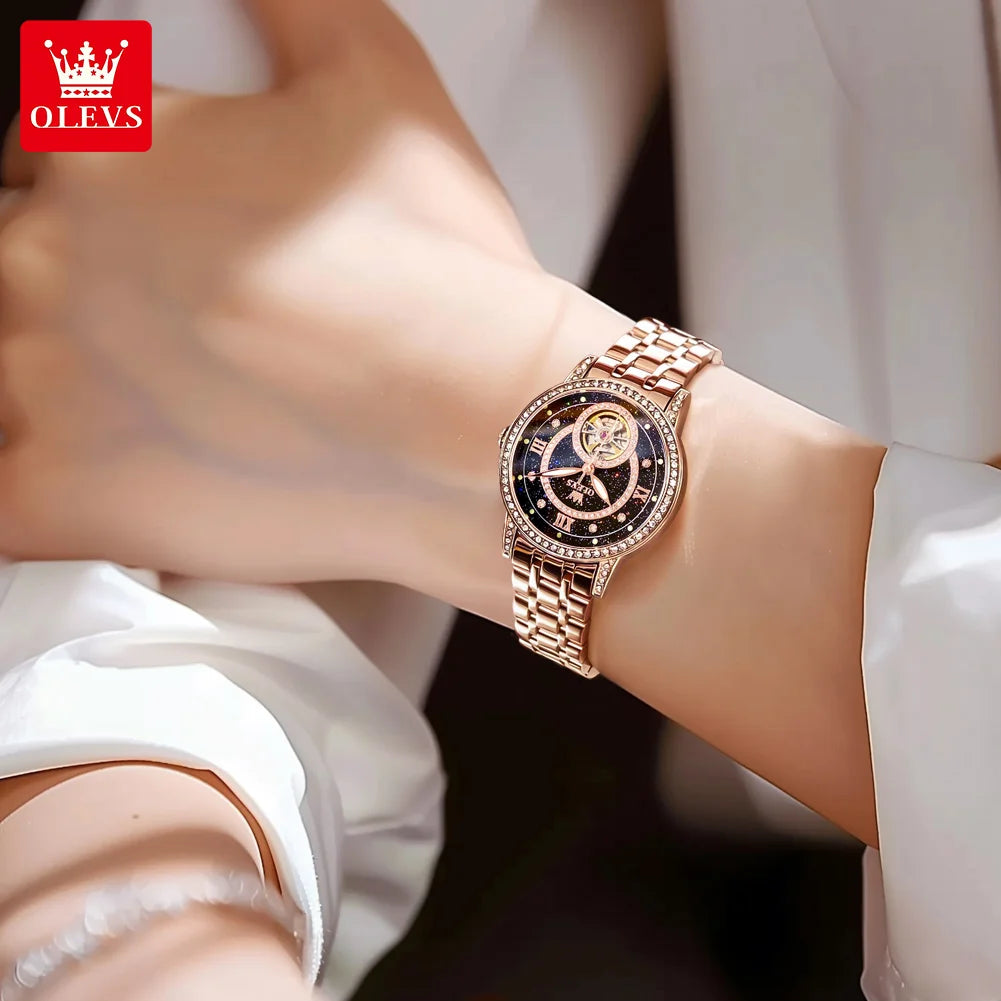 OLEVS Brand Fashion Women Mechanical Watches Starry Sky Dial Diamond Automatic Wristwatch Ladies Waterproof Luminous Clock Women