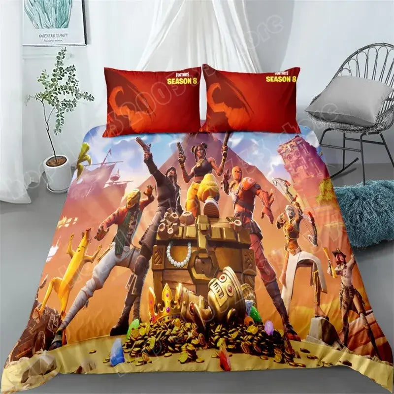 Set de lenjerie de pat Fortnite, 3 piese, imprimare 3D, lenjerii pentru dormitor, joc, desen animat, lenjerie decorativă, husă de pilotă, față de pernă, cadou de ziua de naștere