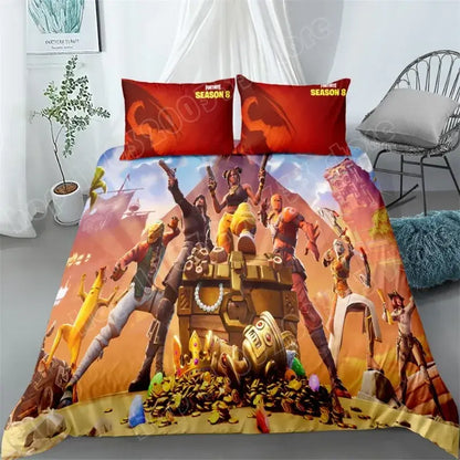 Set de lenjerie de pat Fortnite, 3 piese, imprimare 3D, lenjerii pentru dormitor, joc, desen animat, lenjerie decorativă, husă de pilotă, față de pernă, cadou de ziua de naștere