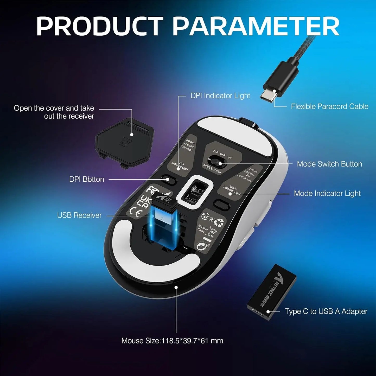 Rato Gaming Sem Fios Bluetooth Attack Shark X3Pro PixArt PAW3395 26000dpi, Rato Ótico com Ligação Tri-Mode e Macros para Gaming