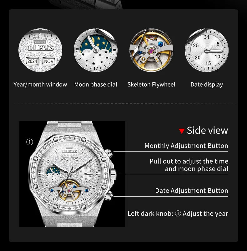 OLEVS 9805 Skeleton Automatic Man Watch Luxury Fashion Matte Texture Full Diamond Moon Phase Waterproof Mechanical Wristwatches