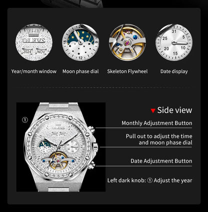 OLEVS 9805 Skeleton Automatic Man Watch Luxury Fashion Matte Texture Full Diamond Moon Phase Waterproof Mechanical Wristwatches