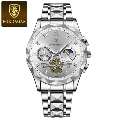 POEDAGAR Top High Quality Man Wristwatch Stainless Steel Chronograph Business Men Watch Waterproof Luminous Quartz Men's Watches