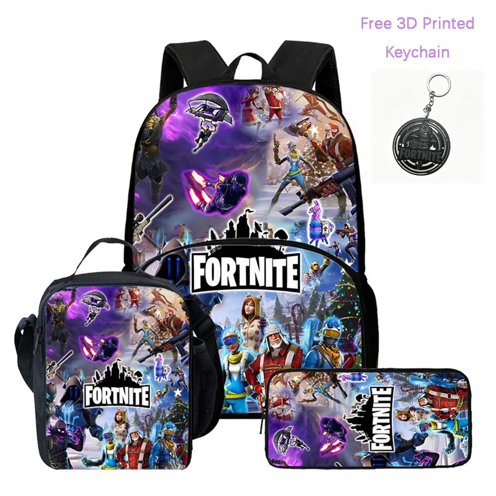 3Pcs FORTNITE Cartoon School Set Lightweight Backpack Front Pocket Lunch & Pencil Case For Kids Age 5-9 Free 3D Printed Keychain