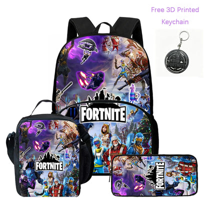 3Pcs FORTNITE Cartoon School Set Lightweight Backpack Front Pocket Lunch & Pencil Case For Kids Age 5-9 Free 3D Printed Keychain