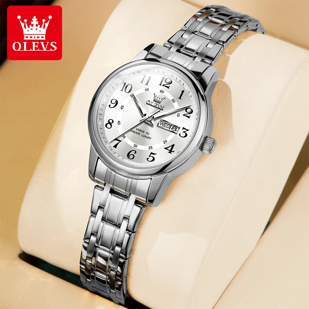 OLEVS 2891 Luxury Brand Fashion Women's Watches Waterproof Luminous Quartz Watch Dual Calendar Stainless Steel Strap Wristwatch