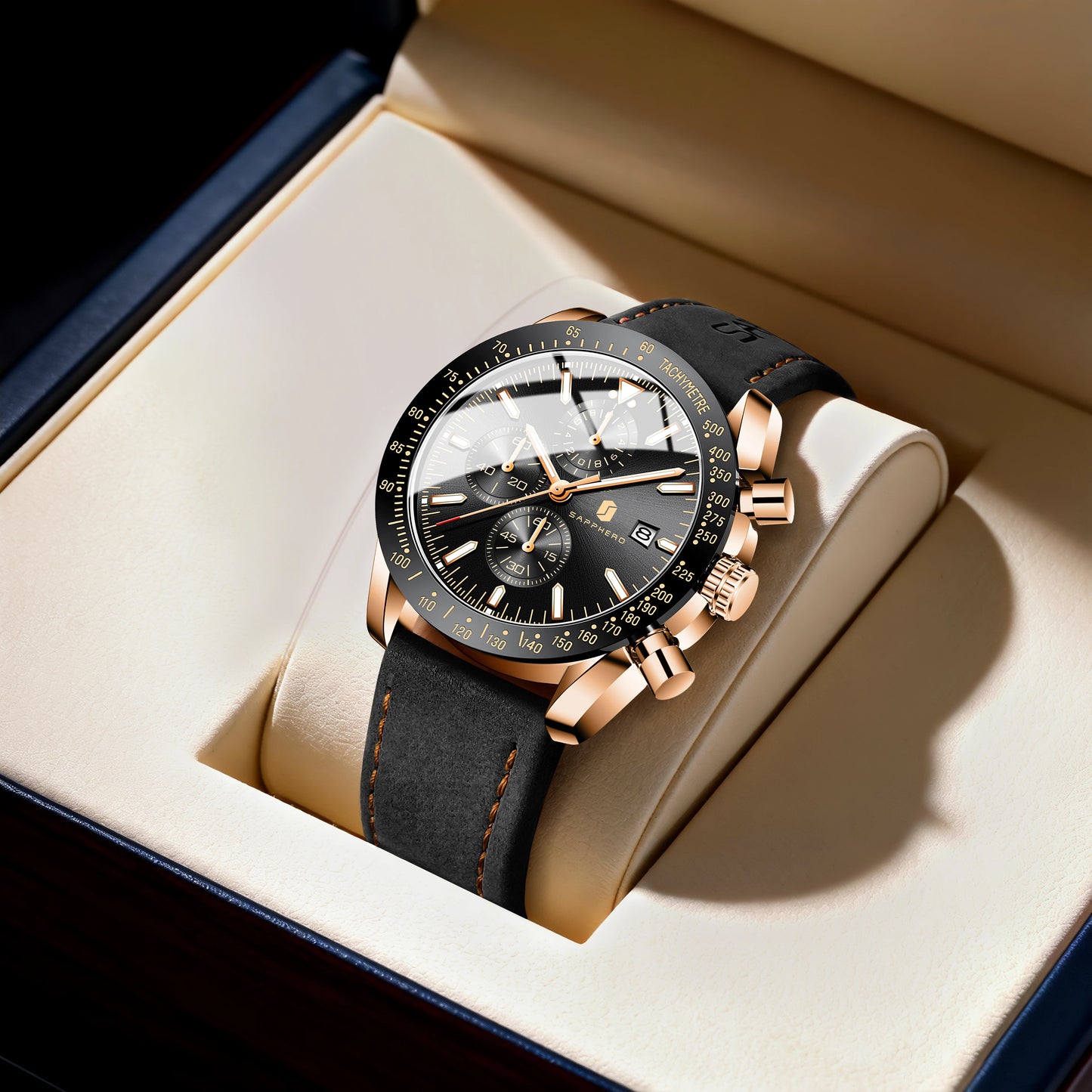 SAPPHERO Men Chronograph Watch High Precision Quartz Movement Blue Dial Date Display 50M Waterproof Luxury Sport Wristwatch Gift